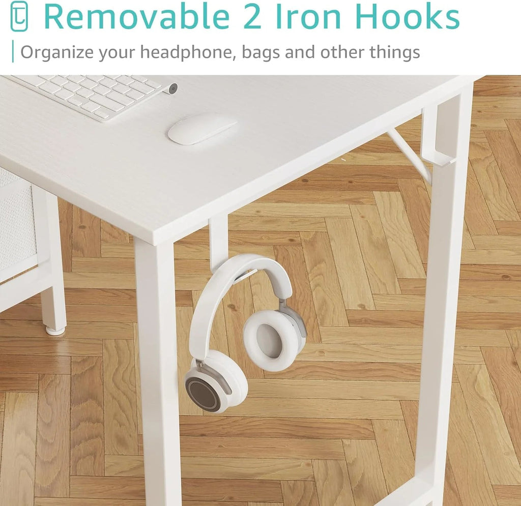 40 Inch Small White Computer Writing Desk With Fabric Drawers