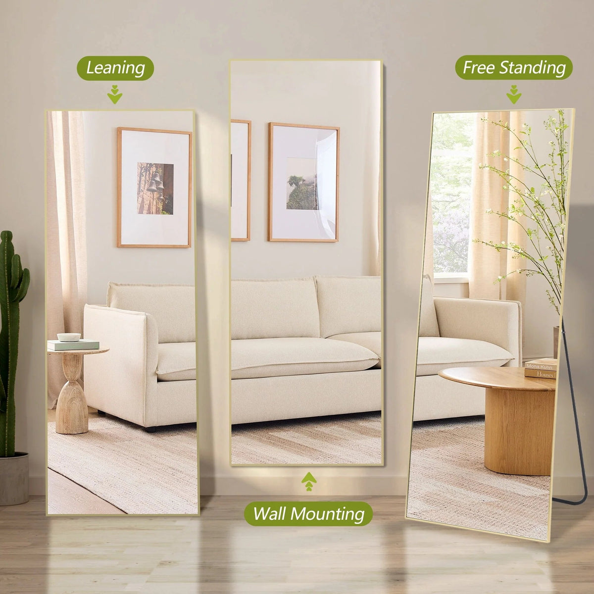 Full-Length Floor Mirror 64x21, Aluminum Alloy Frame With Stand And Wall Mount Option
