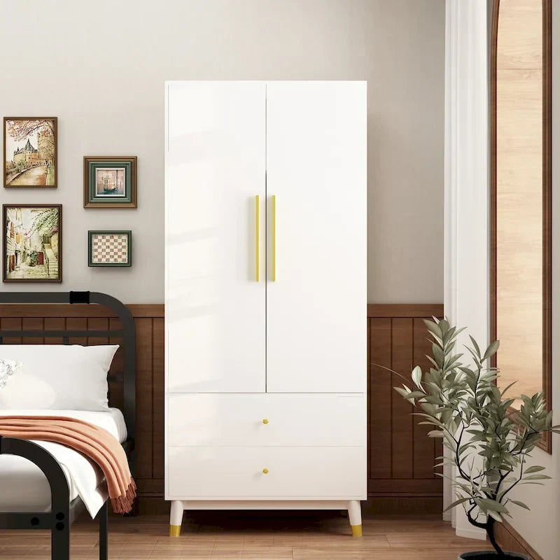 2-Door Wardrobe Closet Armoire With 2 Drawers And Clothes Rail - 70.9H x 31.5W x 19.1D
