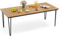 RELAX4LIFE Outdoor Dining Table For 8, 79 inch Rectangular Acacia Wood Top, Umbrella Hole, Metal Legs - Natural + Black