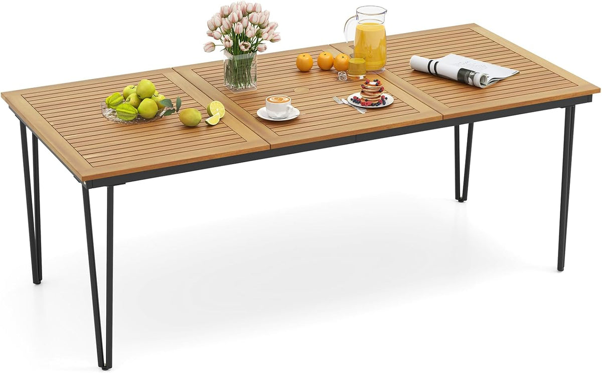 RELAX4LIFE Outdoor Dining Table For 8, 79 inch Rectangular Acacia Wood Top, Umbrella Hole, Metal Legs - Natural + Black