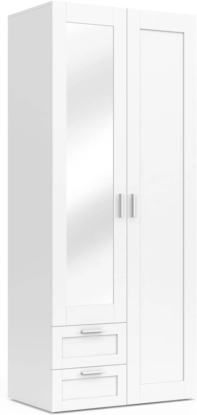 IDMarket VITO 2-Door Wardrobe With 2 Drawers, Mirror And Shelves, White, 80 cm - VITO