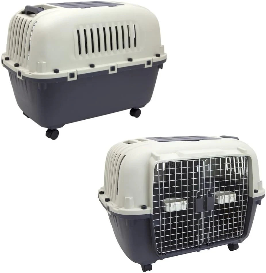 SportPet Designs Plastic Airline Approved Rolling Dog Kennel With Wire Door, XXX-Large, Gray, 48in L x 32in W x 36in H