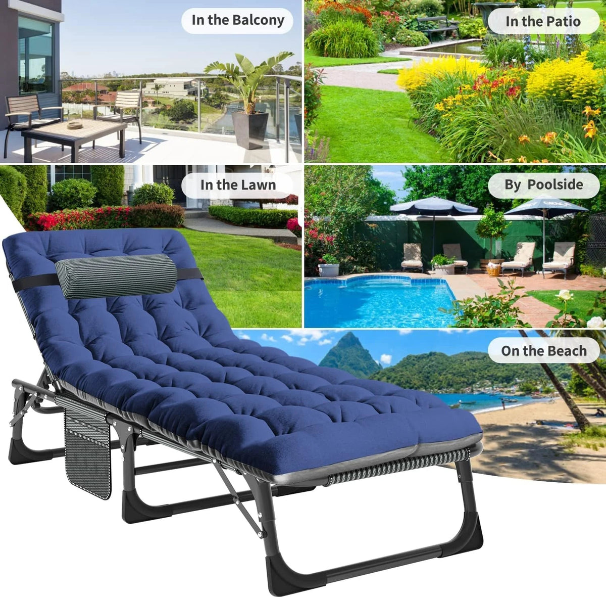 Slsy 5-Position Adjustable Folding Lounge Chair And Cot - 75.2" x 25.6" x 11.8"