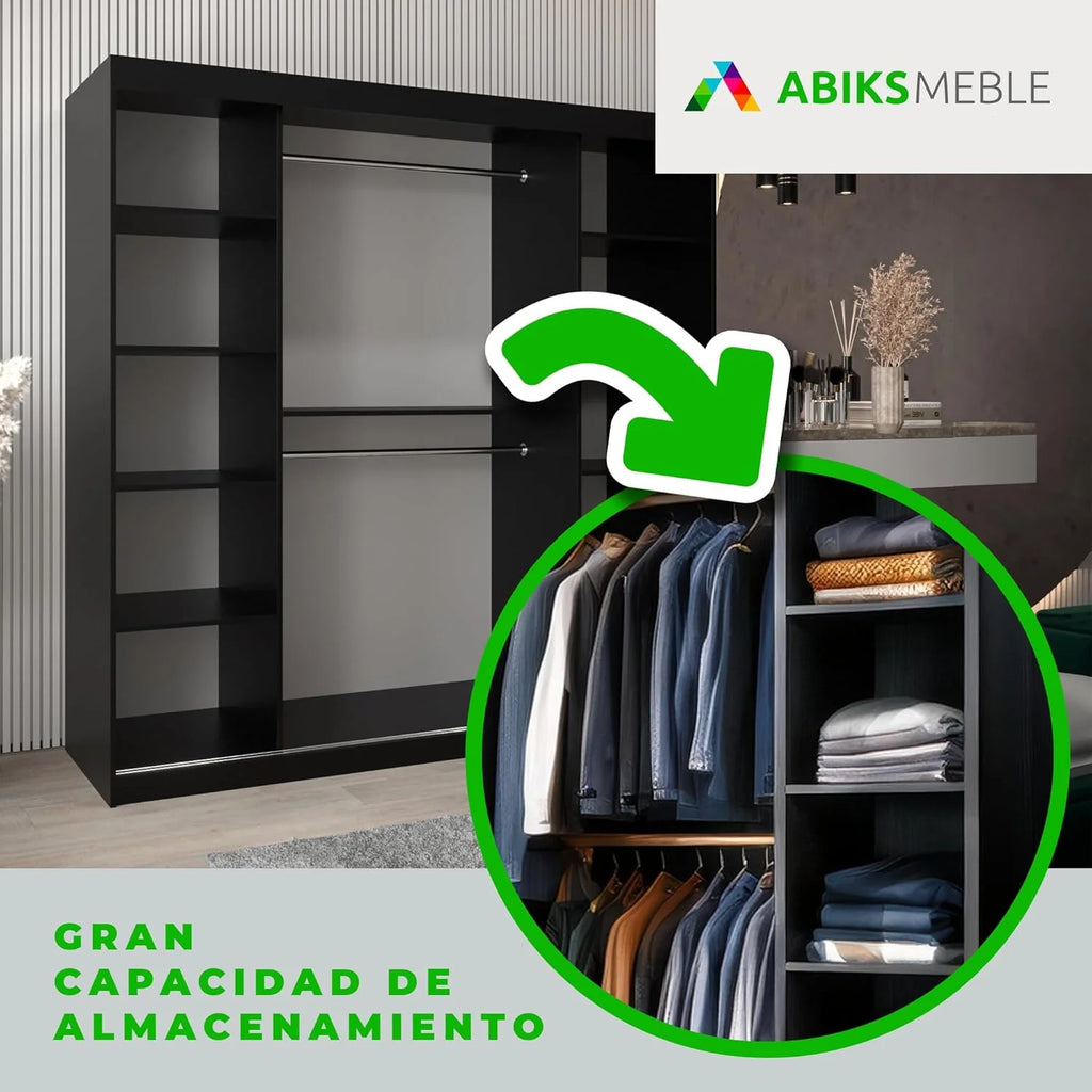 ABIKSMEBLE Bedroom Wardrobe With 3 Sliding Doors, Mirror, Black Matte And Sonoma, 200 x 200 x 62 cm - Verona 4 200