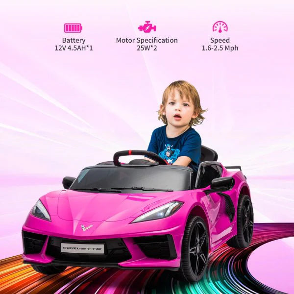 12V Kids' Ride-On Car With Remote Control, LED Lights, Music, And Rose Red Color - Licensed Corvette