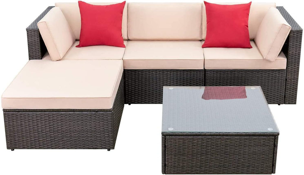 Devoko 5-Piece Outdoor Sectional Patio Sofa Set With Cushions And Glass Table - Beige
