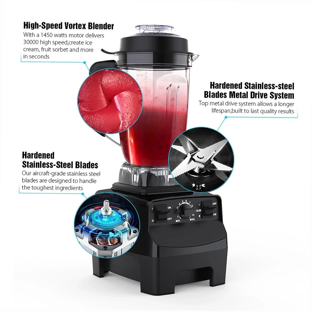 Professional Blender With 1450W Motor And 68 oz Dishwasher-Safe Pitcher - Black