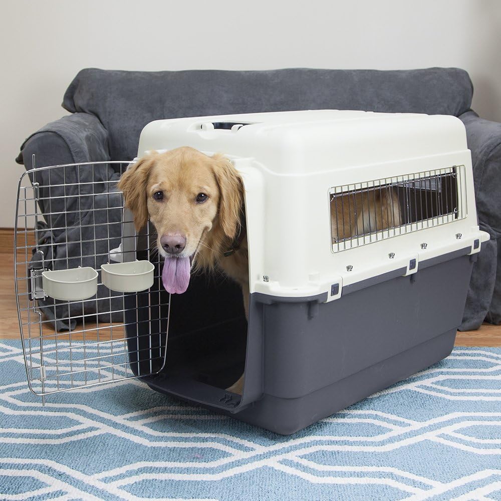 SportPet Designs Plastic Airline Approved Rolling Dog Kennel With Wire Door, XXX-Large, Gray, 48in L x 32in W x 36in H