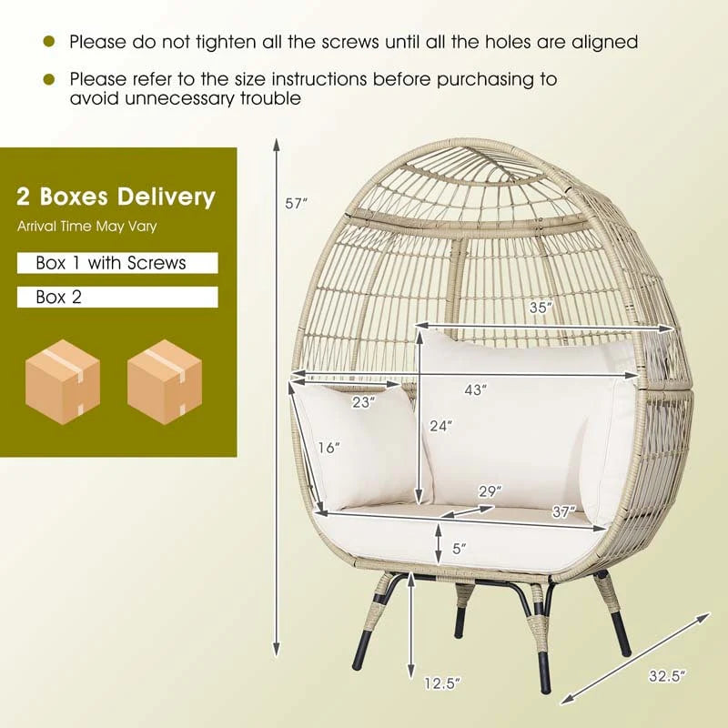 Oversized Wicker Egg Chair With 4 Cushions, 43 x 32.5 x 57 in
