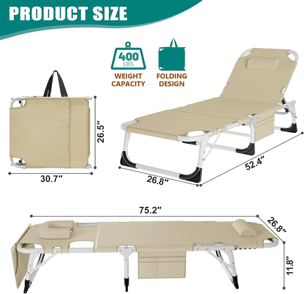 Slsy 5-Position Adjustable Folding Lounge Chair And Cot - 75.2" x 25.6" x 11.8"