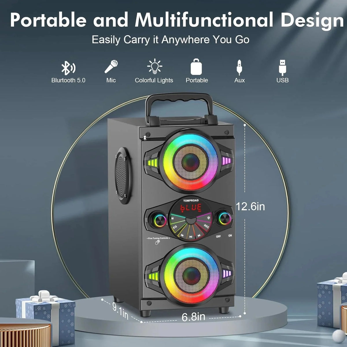 Portable Bluetooth Party Speaker, 60W, Wood, 9.1 x 6.8 x 12.6 Inches - A52