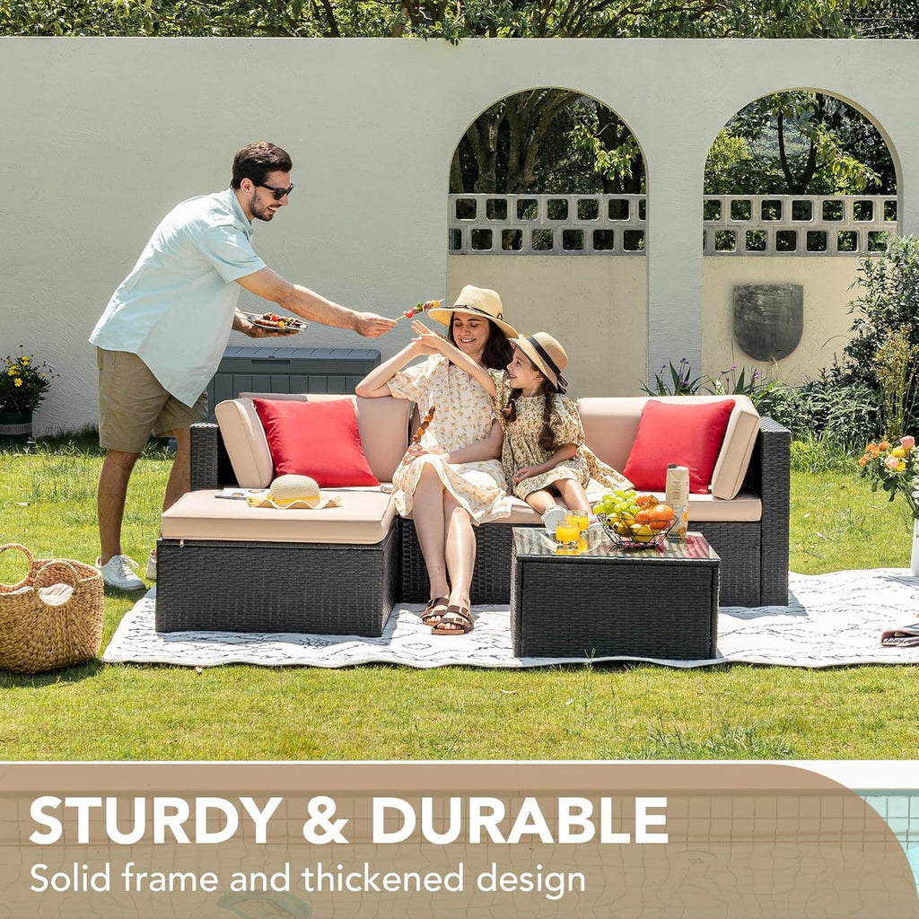 Devoko 5-Piece Outdoor Sectional Patio Sofa Set With Cushions And Glass Table - Beige