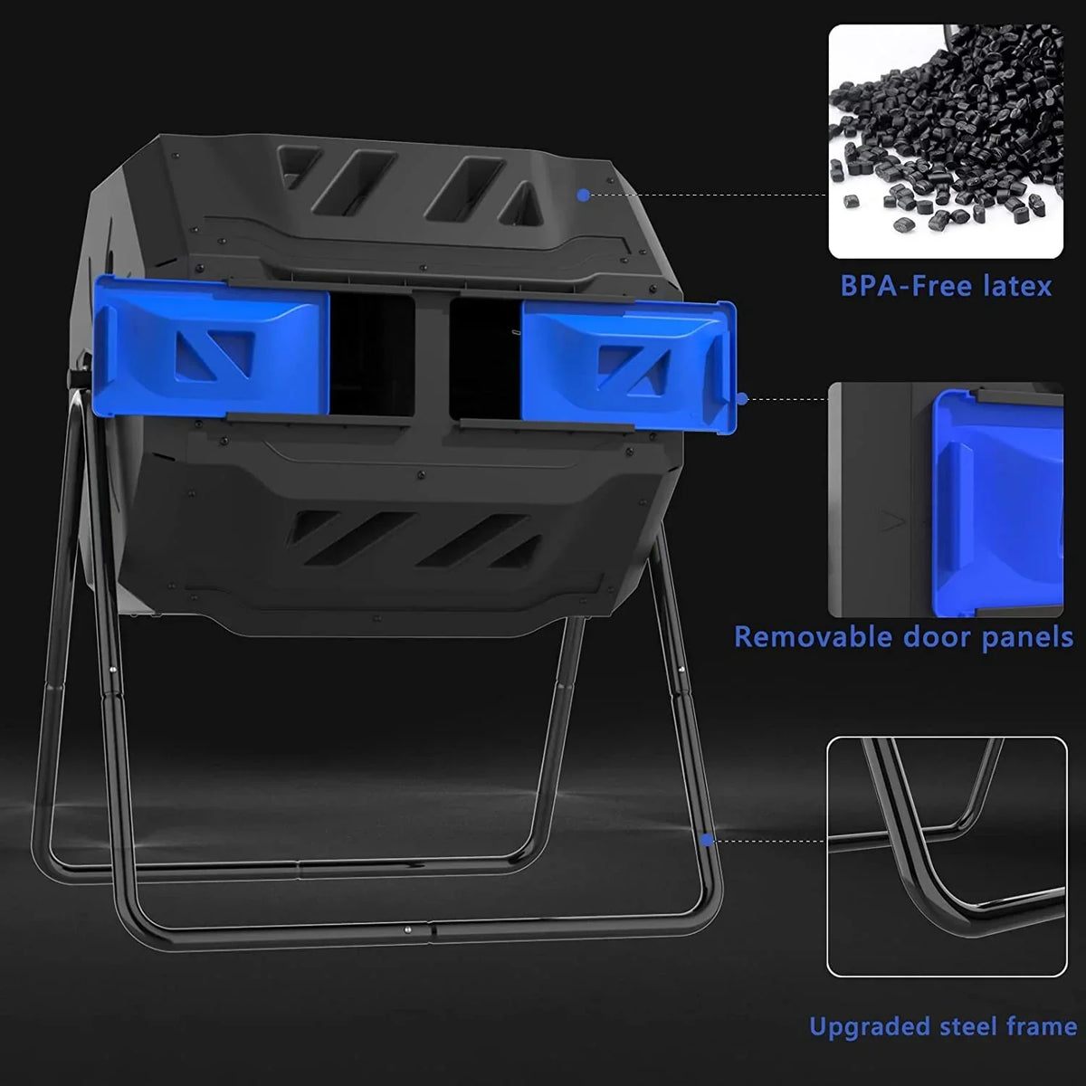 Dual Compartment Compost Tumbler Bin 43 Gallon Blue Door