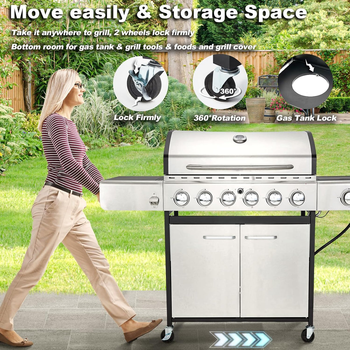4-Burner Propane Gas Grill With Cast Iron Grates, Side Stove And 44,000 BTU Stainless Steel Burners