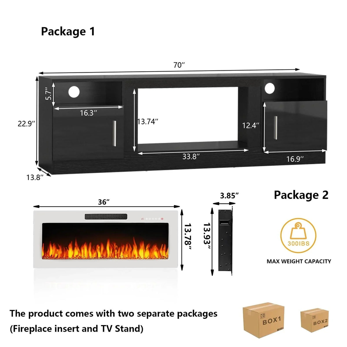 Bossin 70 Fireplace TV Stand With 36 Electric Fireplace For TVs Up To 80 - 16-Color LED Lights