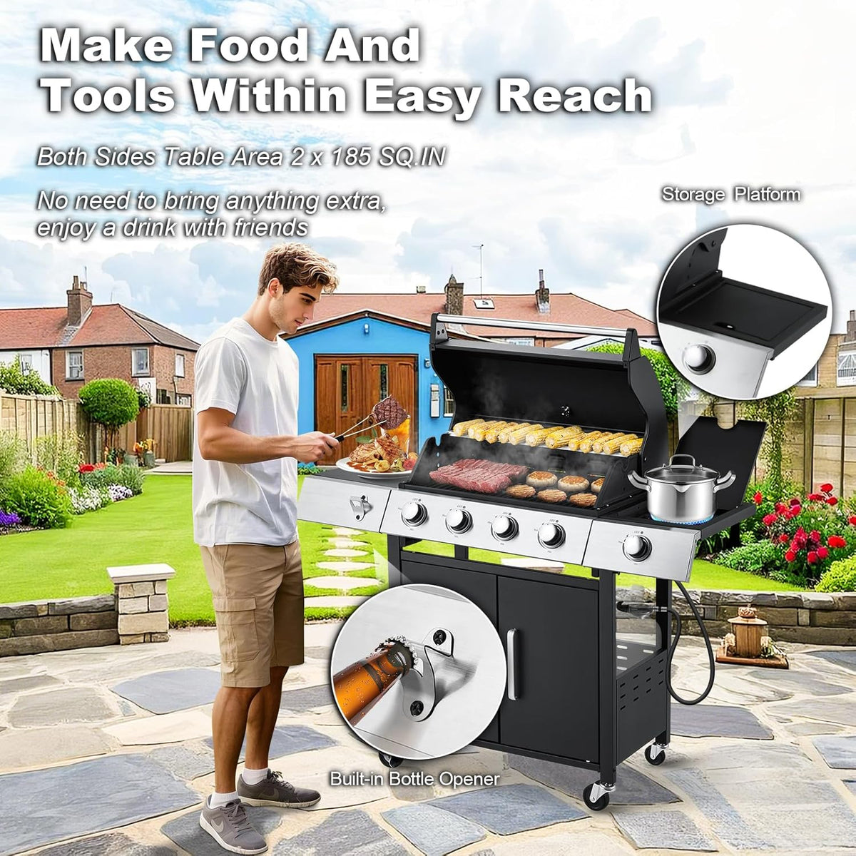 4-Burner Propane Gas Grill With Cast Iron Grates, Side Stove And 44,000 BTU Stainless Steel Burners