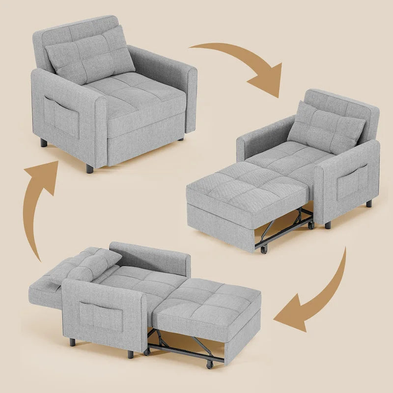 3-in-1 Pull-Out Sofa Bed Sleeper Chair, Adjustable Upholstered Lounge Couch