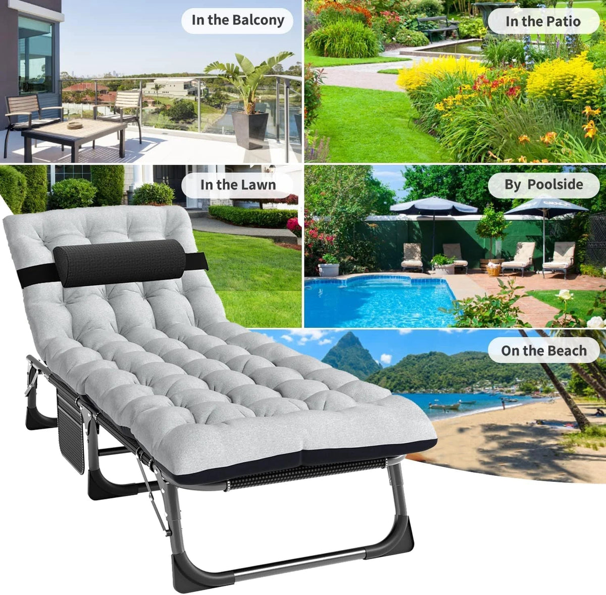 Slsy 5-Position Adjustable Folding Lounge Chair And Cot - 75.2" x 25.6" x 11.8"