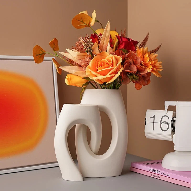 Ceramic Interlocking Tube Decorative Vase, Matte - 21 cm