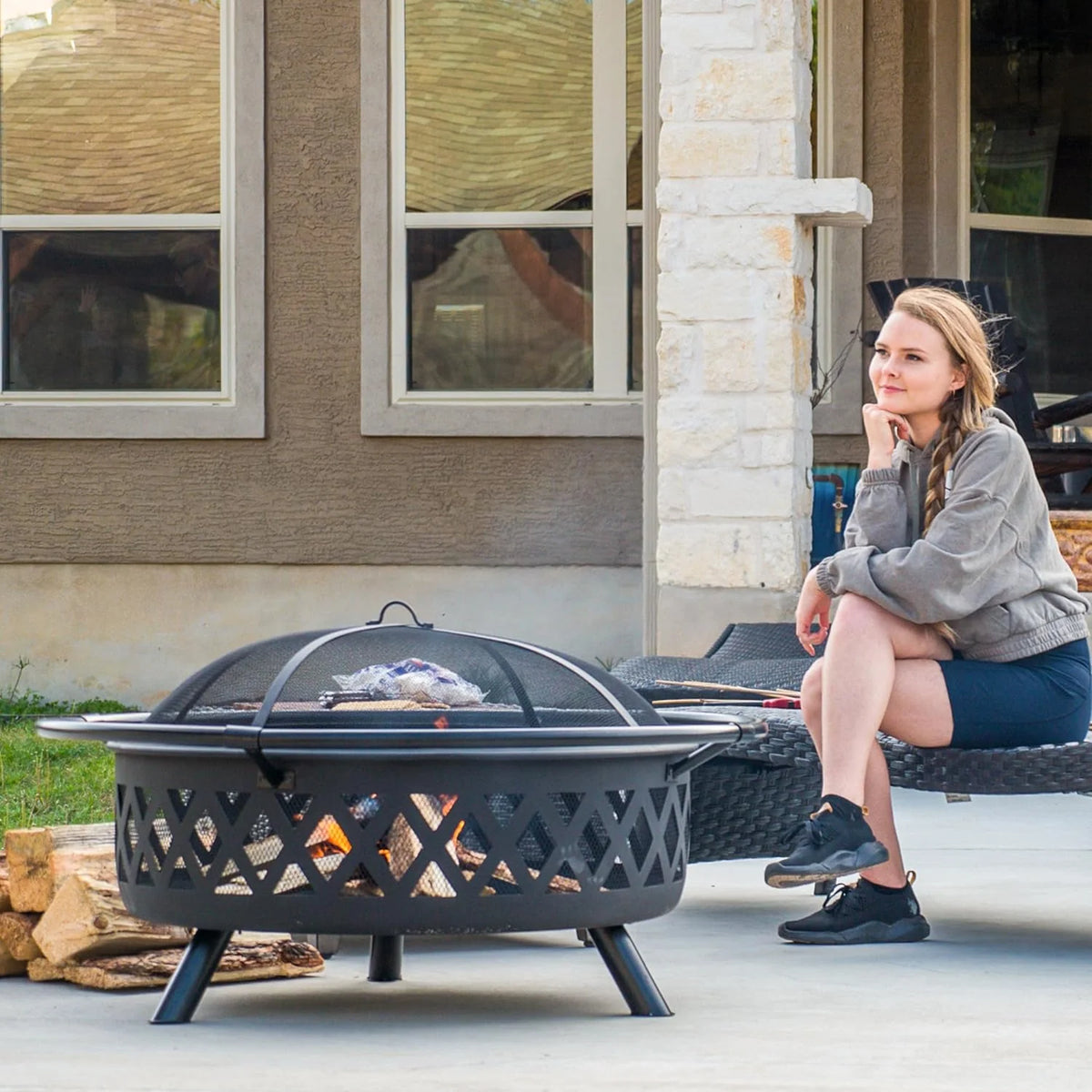 SUNCREAT 42-Inch Wood Burning Patio Fire Pit, Black, 42.1 Inch Diameter x 25.2 Inch High