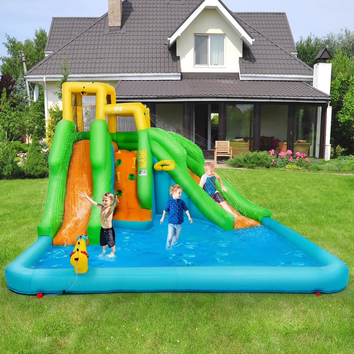 Inflatable Water Park Bounce House With Climbing Wall, Two Slides And Splash Pool - 157.5in x 142in x 100.5in