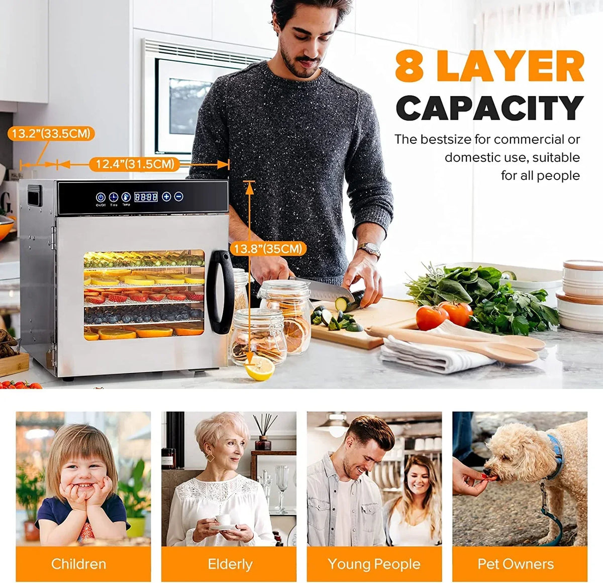 Food Dehydrator, 8 Tiers, 500W Stainless Steel, 30~90C, 24hr Digital Timer