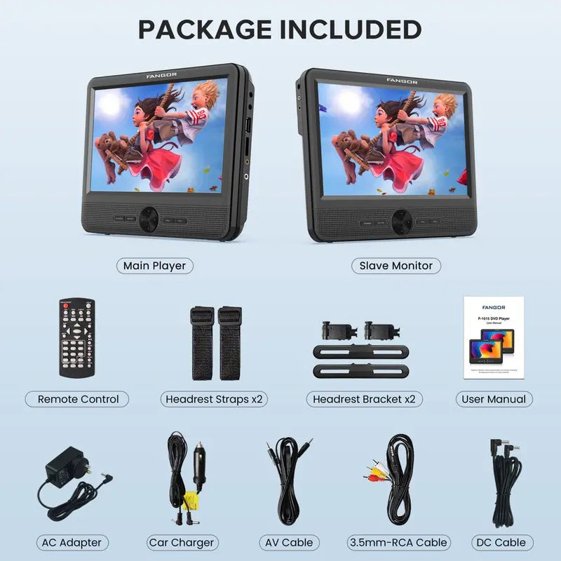 Fangor Dual Screen Portable Car DVD Player With 2 Headrest Brackets