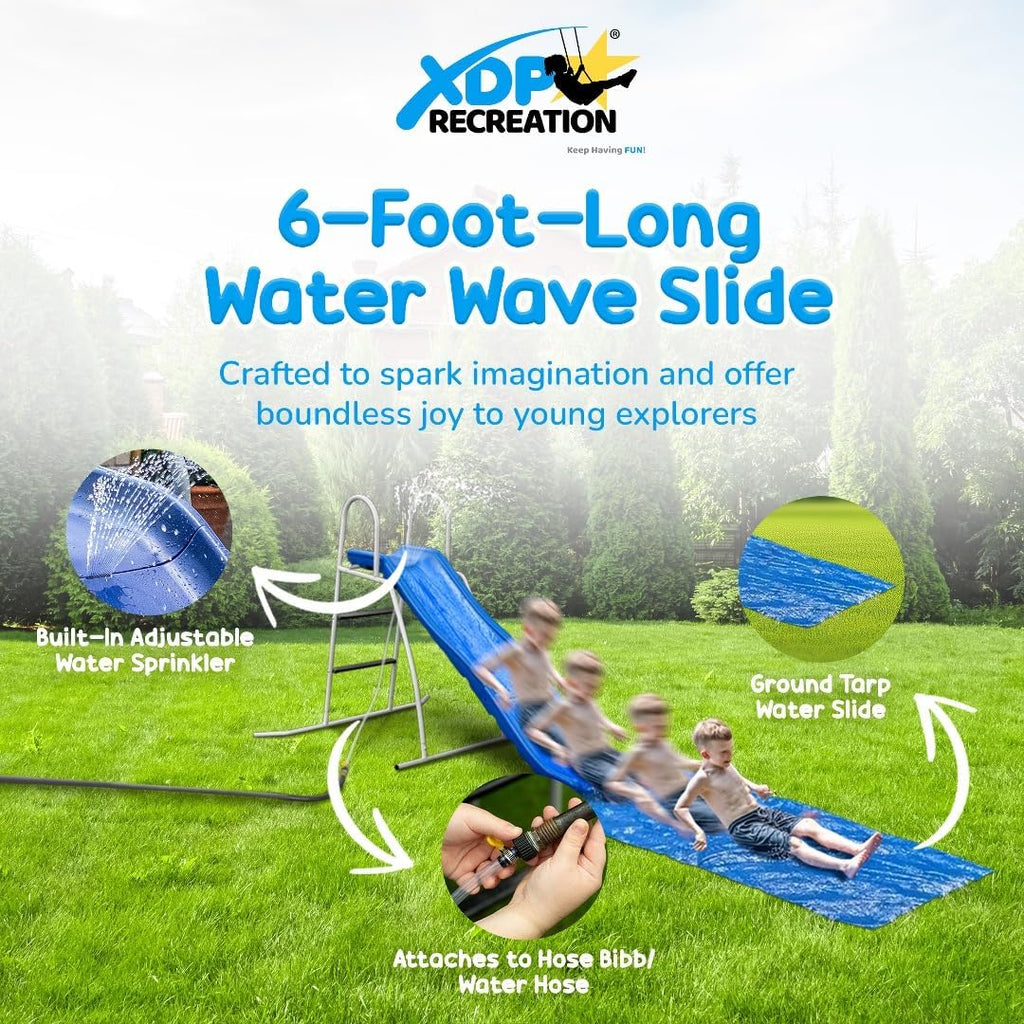 XDP RECREATION Water Wave Slide, 6 Foot, Blue, Built-In Adjustable Sprinkler