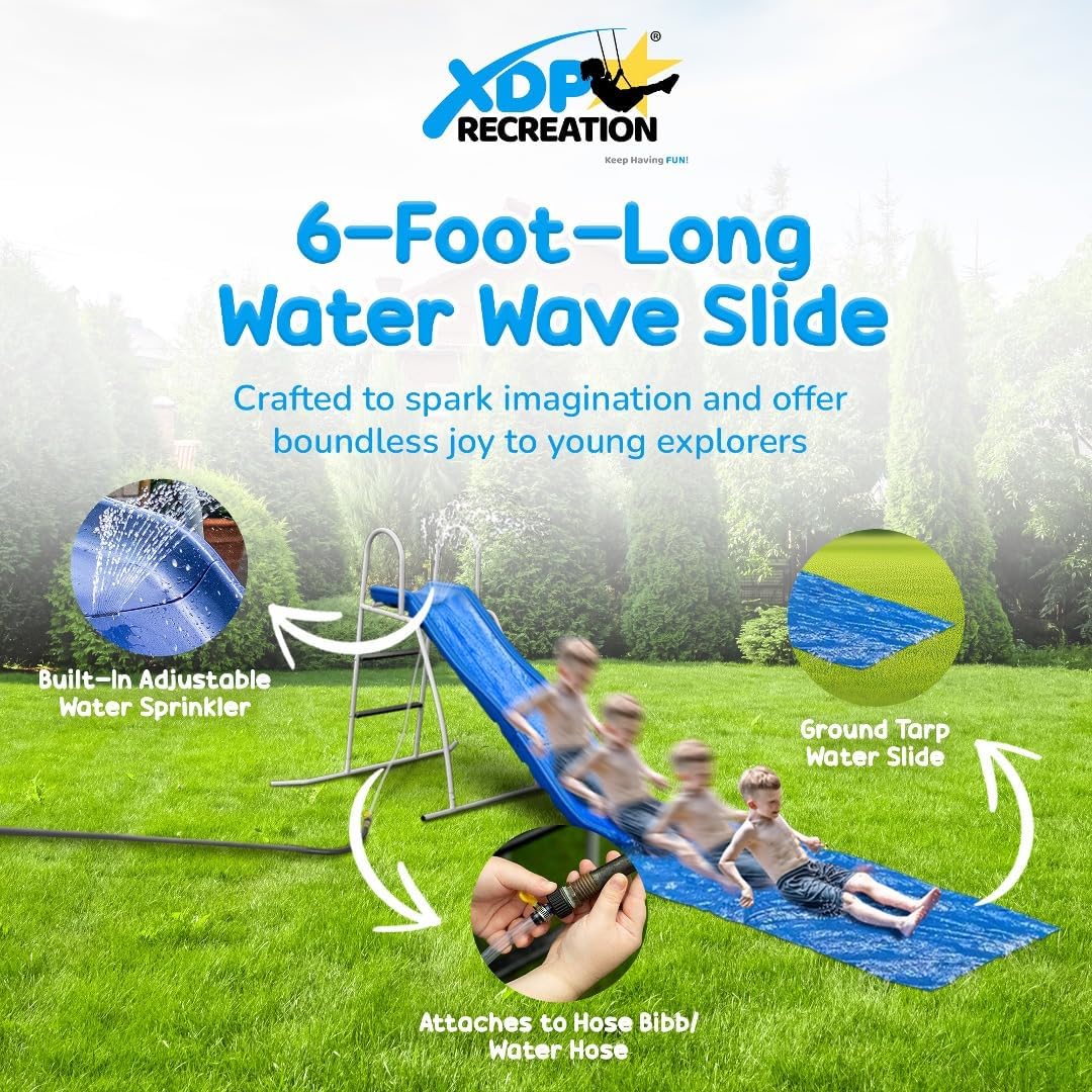 XDP RECREATION Water Wave Slide, 6 Foot, Blue, Built-In Adjustable Sprinkler