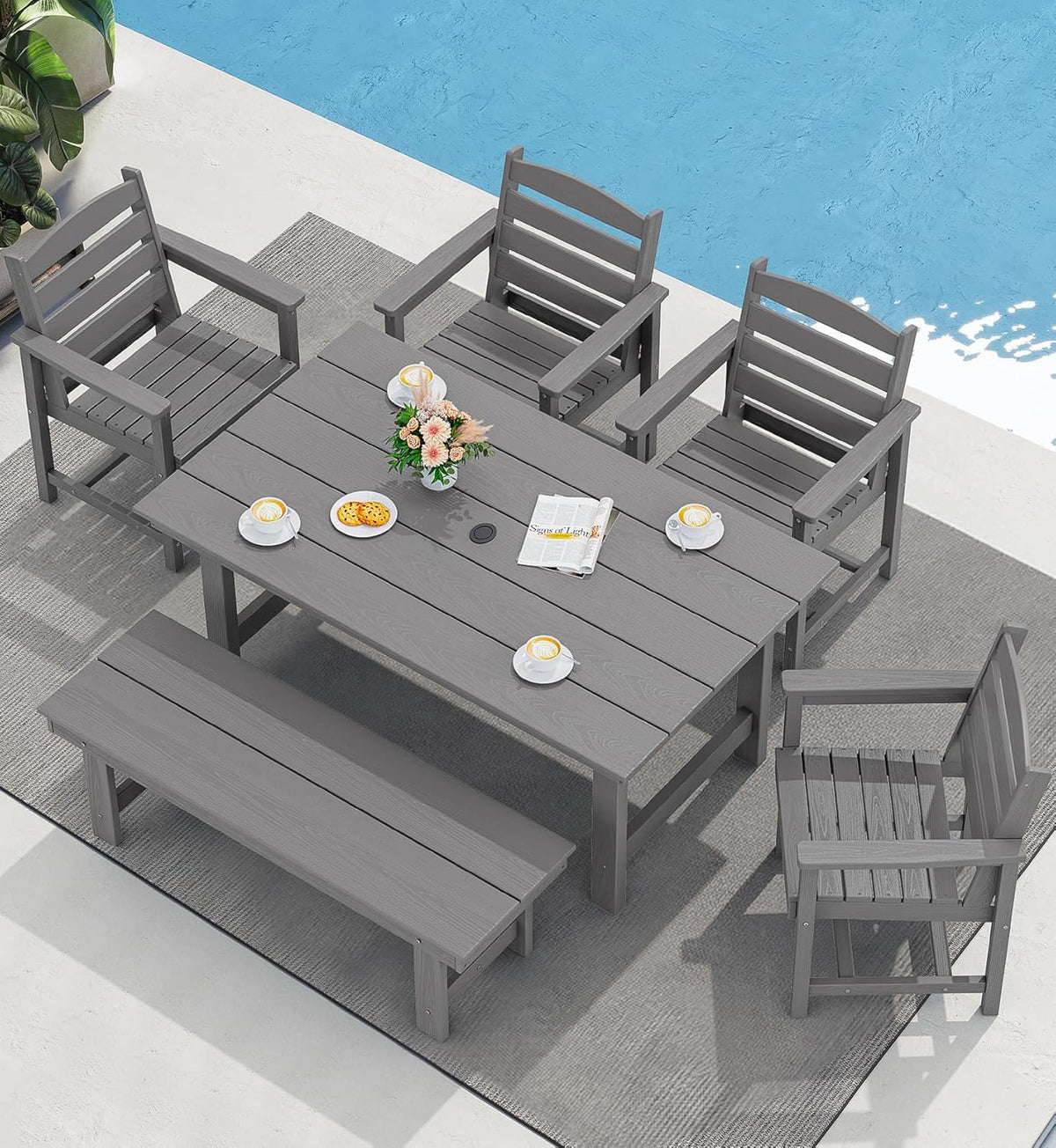 SERWALL 7-Piece HDPE Patio Dining Set, Aruba, 66.9in D x 32.2in W x 29.1in H