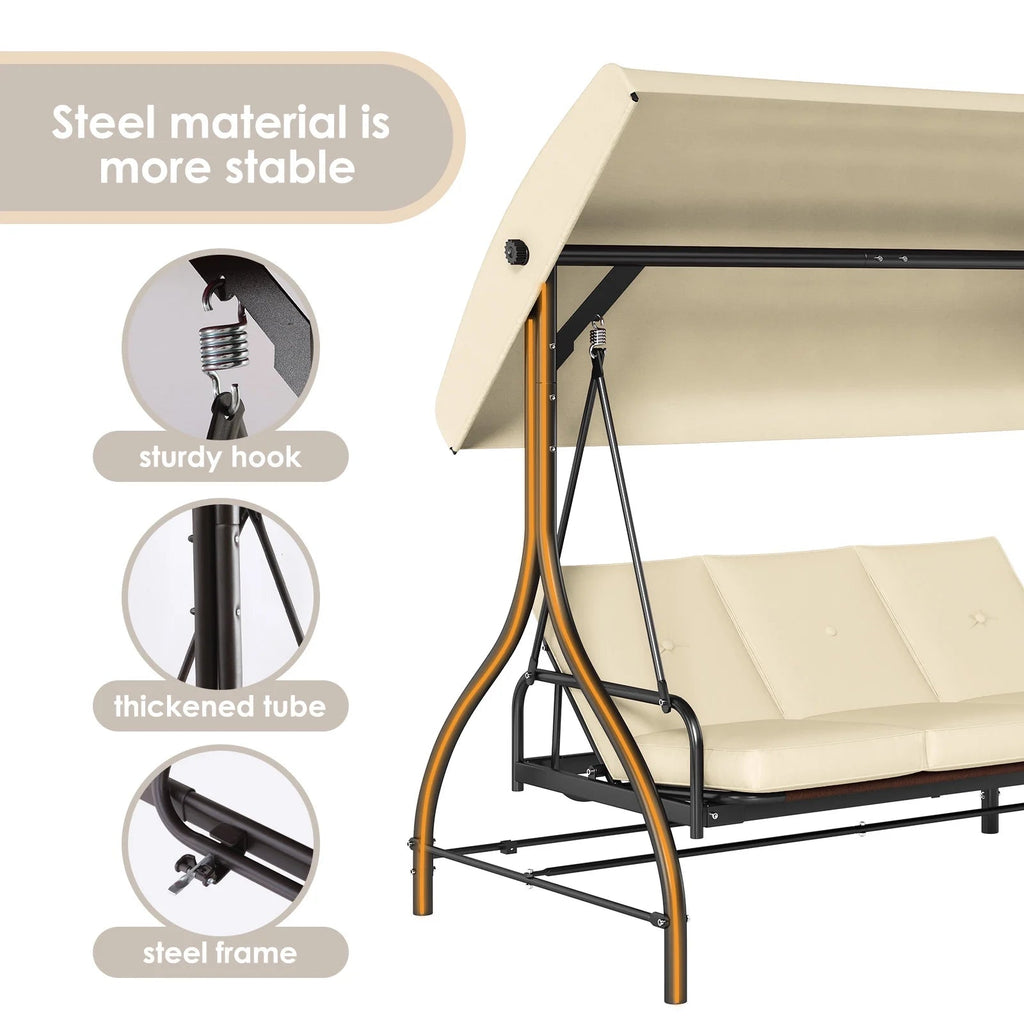 Arlopu 3-Person Outdoor Convertible Porch Swing Glider With Canopy