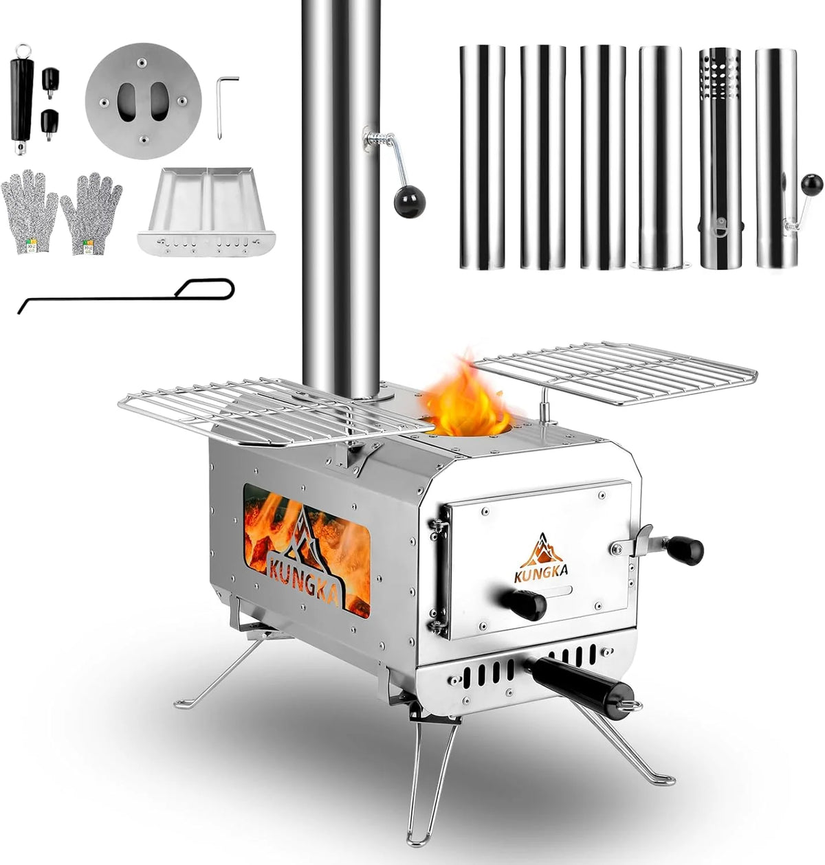 Portable Wood-Burning Tent Stove, 7.3 Foot Tall, Stainless Steel, 6 Chimney Pipes