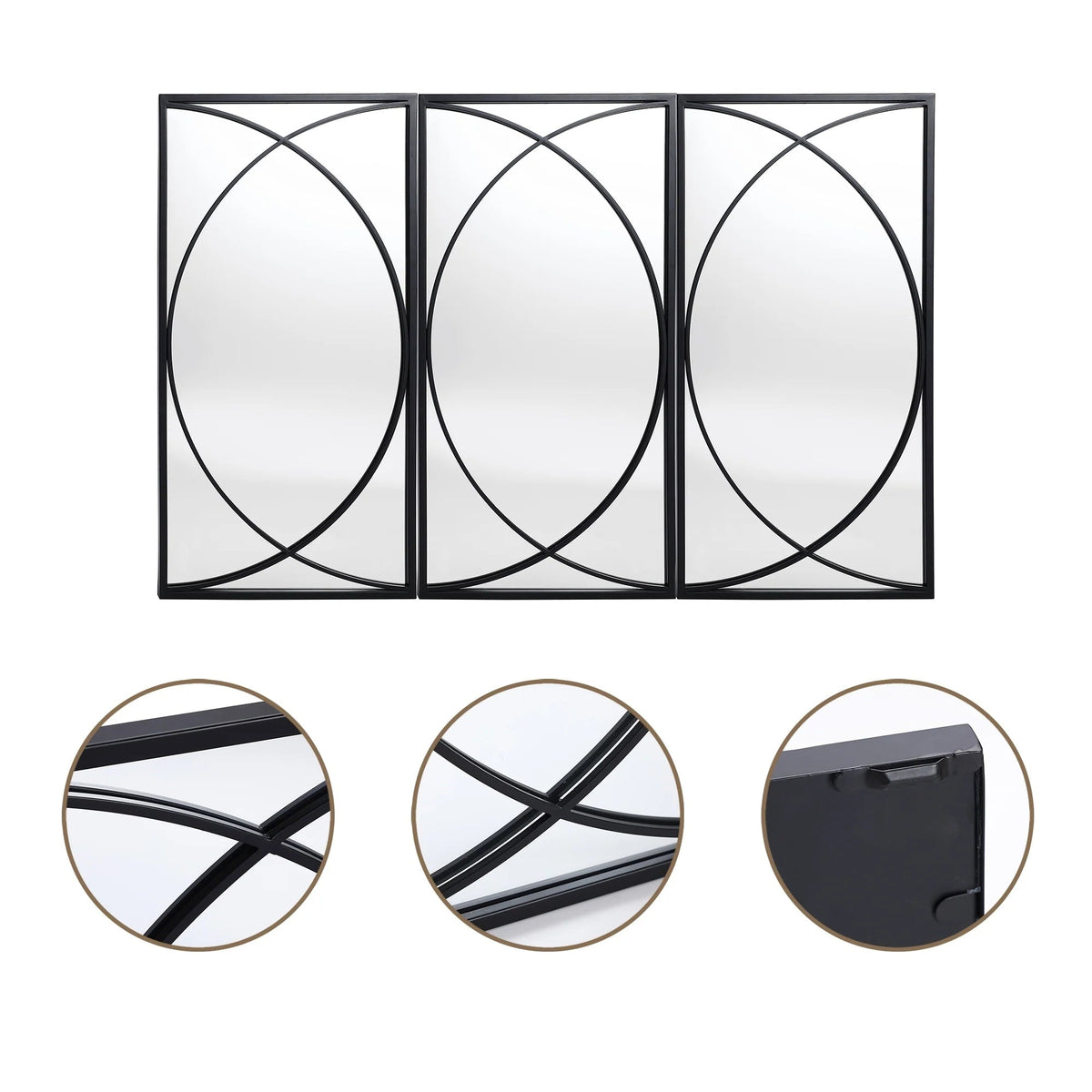 3-Piece Black Metal Rectangular Wall Mirror Set, 31.9" H x 15.75" W x 0.75" D
