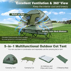 5-in-1 2-Person Portable Camping Tent Cot With Air Mattress, Sleeping Bags And Sunshade - Green & Blue