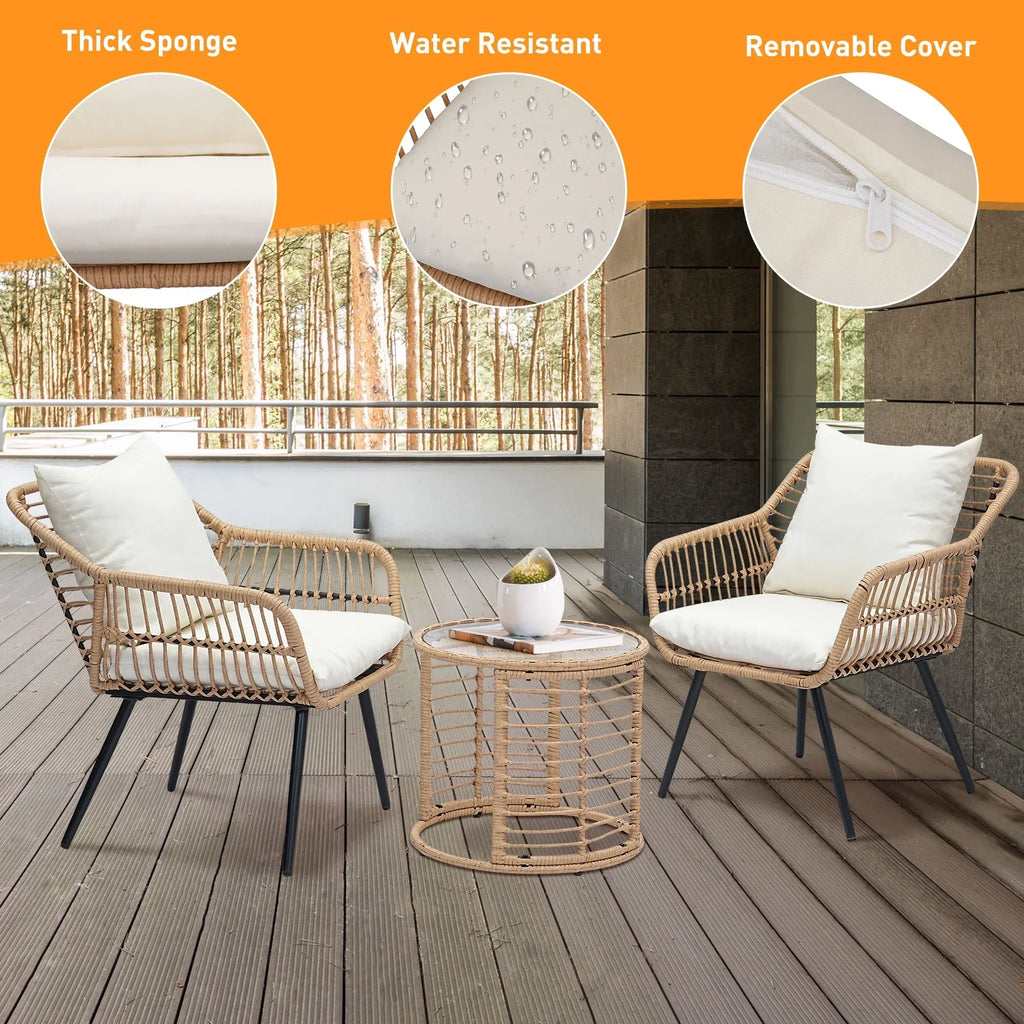 3-Piece Steel Outdoor Bistro Set With Metal Chairs And Glass Top Table - Beige