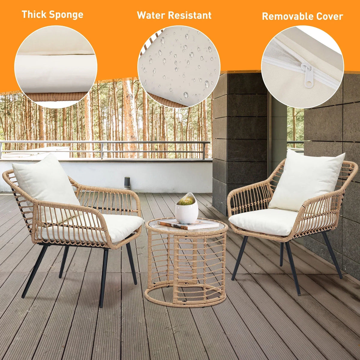 3-Piece Steel Outdoor Bistro Set With Metal Chairs And Glass Top Table - Beige